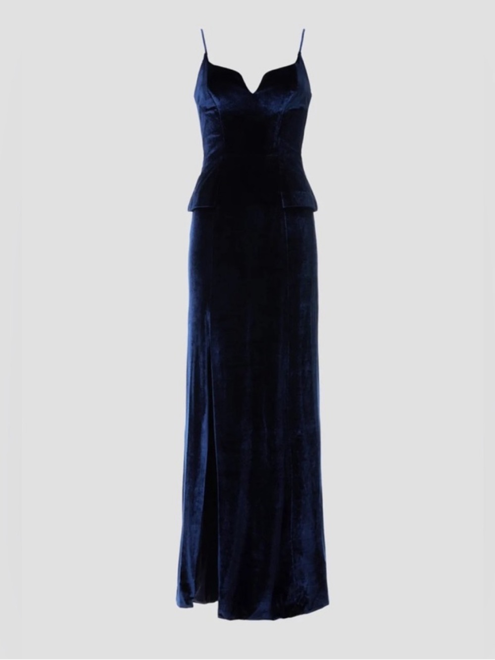 Zac Posen Navy Velvet Spaghetti-Strap Evening Gown with Thigh Slit